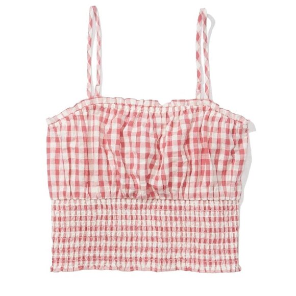 American Eagle Womens Pink White Gingham Smocked Crop Top Strappy Plus Size XXL - Picture 2 of 8